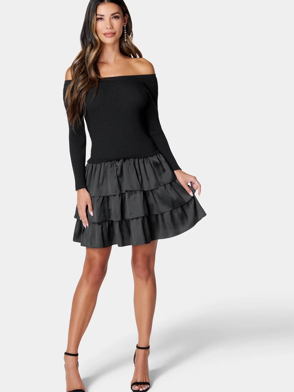 bebe Black Off-Shoulder Ribbed Bodice Tiered Ruffle Dress